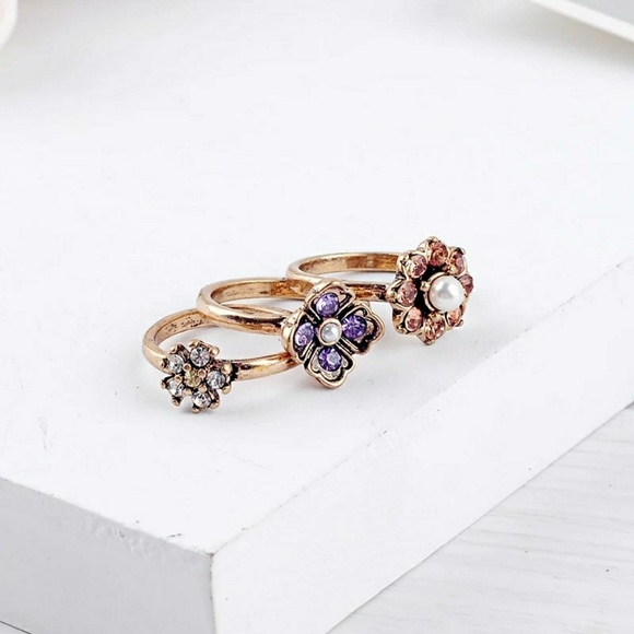 Purple Crystal Pearl Gold Vintage Stackable Rings - Picture 6 of 8